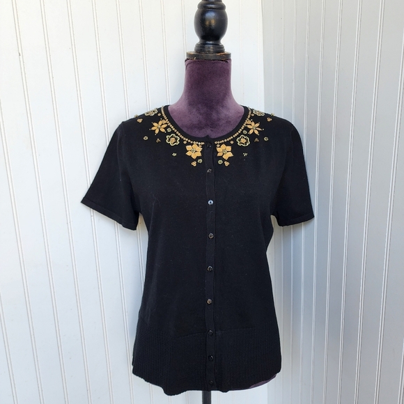 CABLE & GAUGE Cardigan Womens Silk Blend Cropped Embellished Sweater Black Sz L - Picture 1 of 11